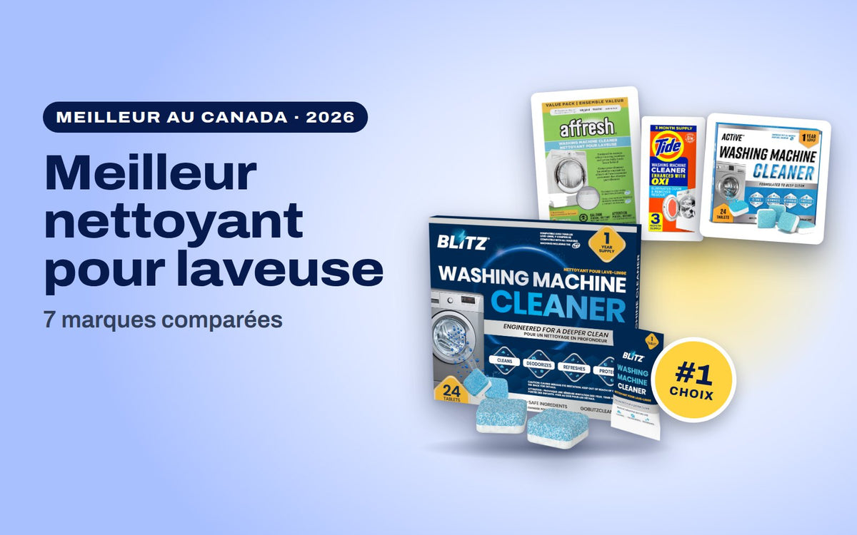 Le nettoyant pour laveuse BLITZ, premier choix, devant les nettoyants pour laveuse Affresh, Tide et ACTIVE