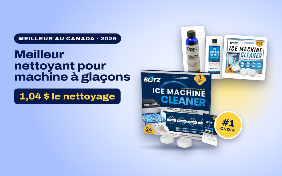 Les pastilles nettoyantes pour machine à glaçons BLITZ, premier choix, devant les nettoyants GE Opal, Essential Values et ACTIVE