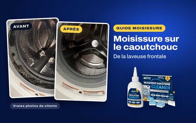 De vraies photos de clients du caoutchouc d’une laveuse frontale avant et après le détachant de moisissure BLITZ, à côté de le détachant de moisissure BLITZ et le nettoyant pour laveuse BLITZ