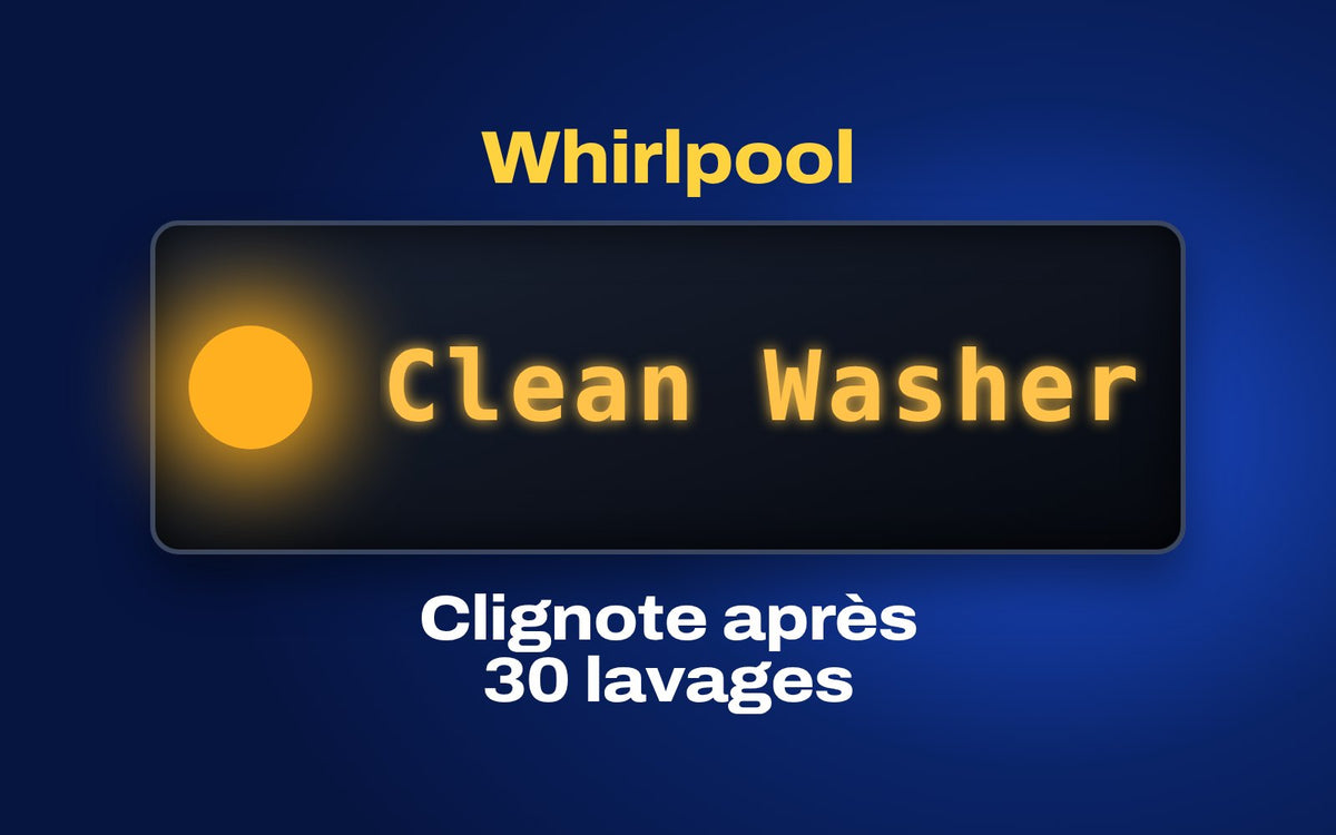 Couverture BLITZ du guide de la laveuse Whirlpool : le voyant Clean Washer allumé sur un afficheur, avec la phrase Clignote après 30 lavages, le rappel de Whirlpool, pas une panne