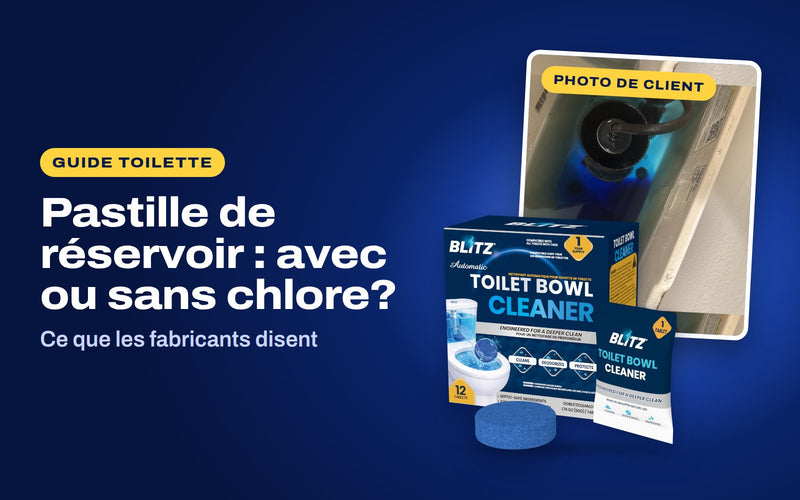 Pastille de réservoir : avec ou sans chlore : le nettoyant automatique pour cuvette de toilette BLITZ devant une photo de client d’une pastille BLITZ qui colore en bleu l’eau du réservoir