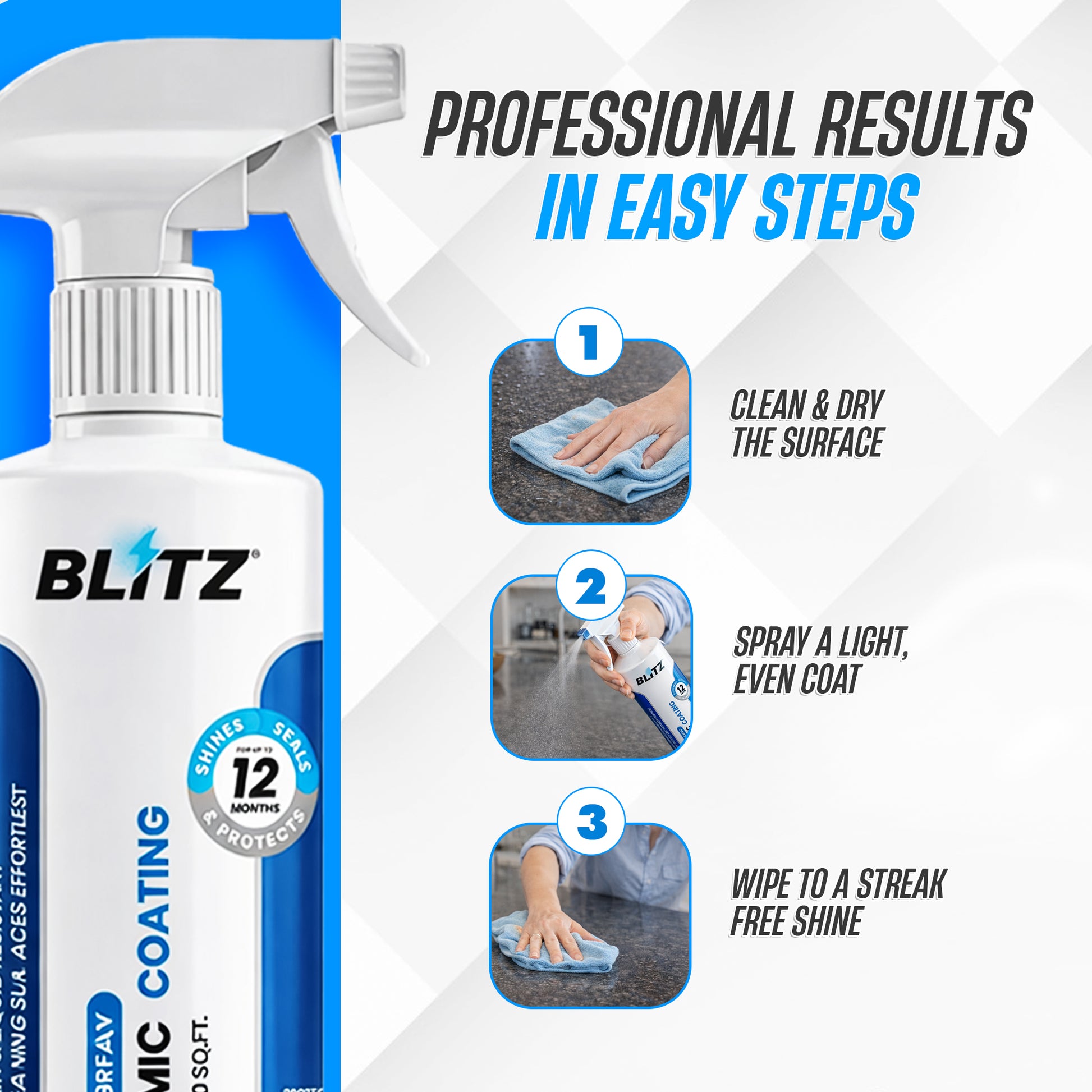 GOBLITZCLEAN BLITZ Home Ceramic Coating Spray Kit for appliances, with spray bottle and ceramic coating applicator visible.