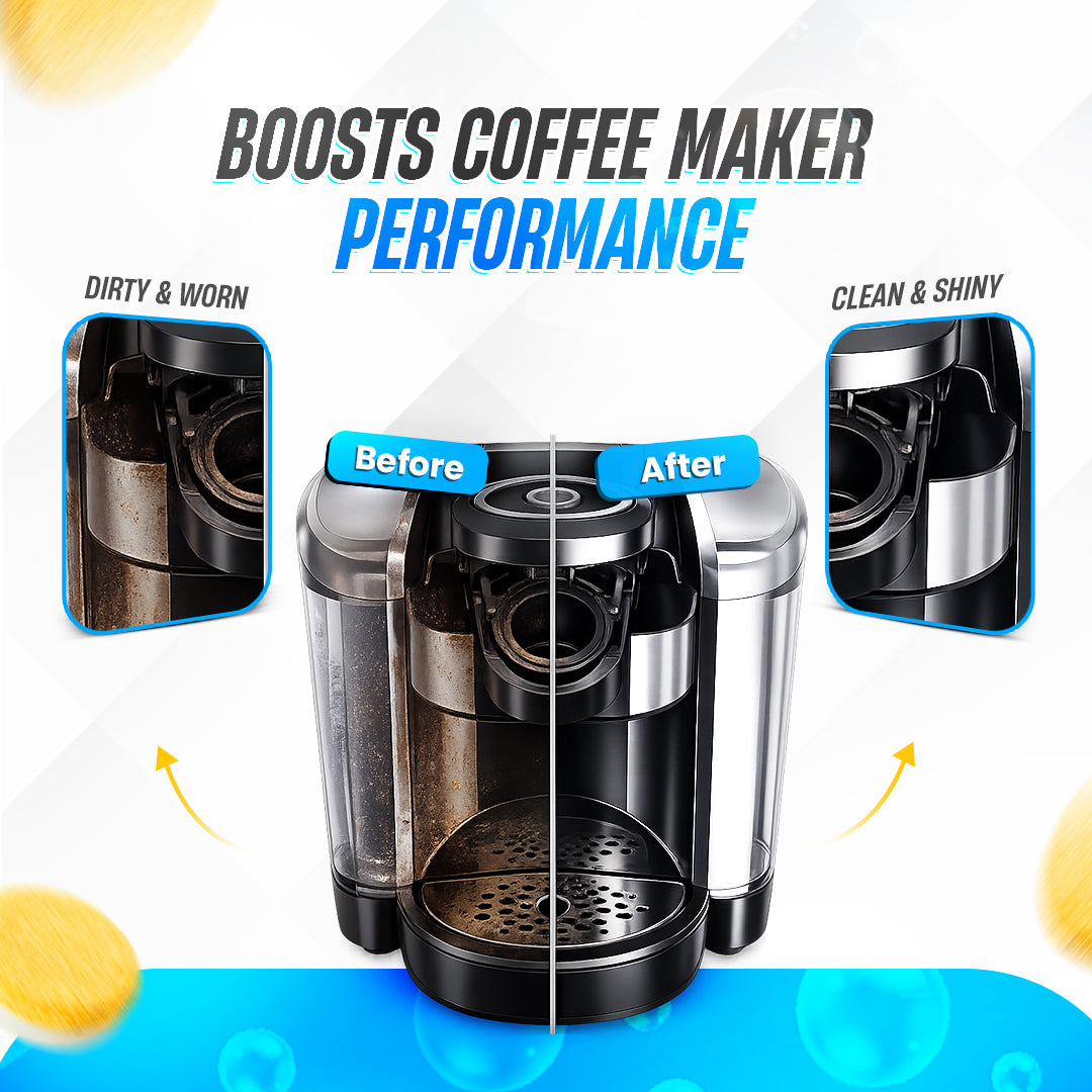 GOBLITZCLEAN BLITZ coffee maker cleaner tablets for appliances, shown in a transparent container with tablets inside.
