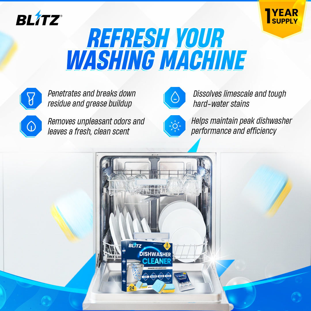 GOBLITZCLEAN BLITZ dishwasher cleaner and deodorizer bottle, designed for appliance cleaning and freshening in the kitchen.
