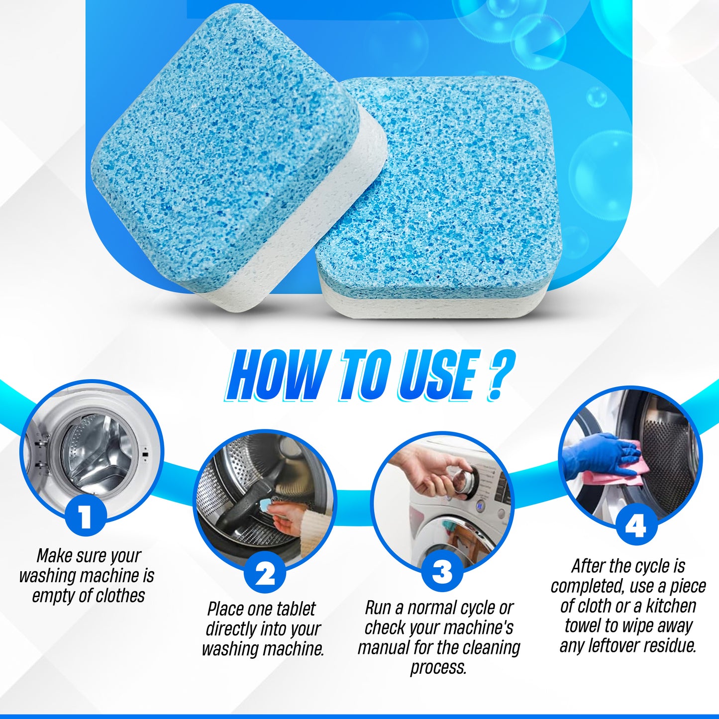 GOBLITZCLEAN BLITZ washing machine cleaner and descaler bottle with label and cleaning instructions.