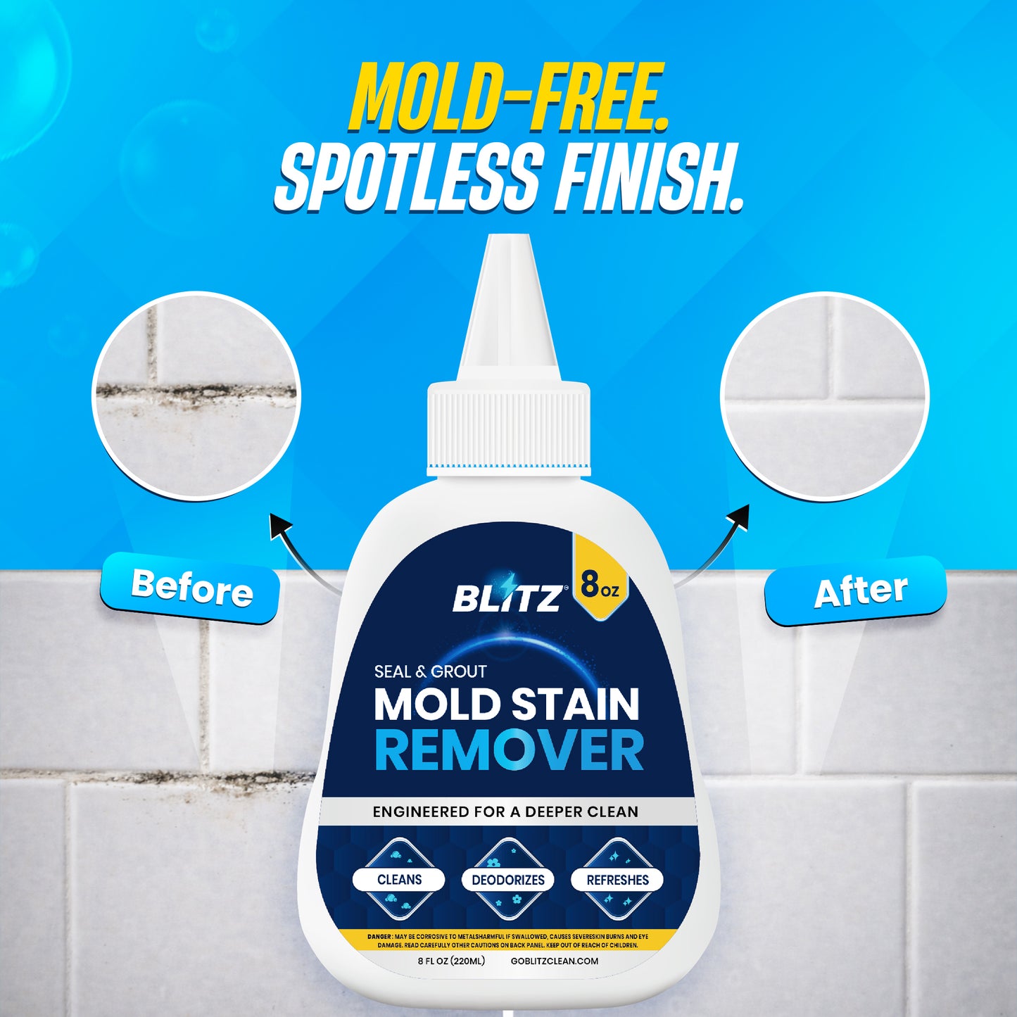 GOBLITZCLEAN BLITZ Mold Stain Remover in a spray bottle, designed for cleaning mold stains from appliances and surfaces.