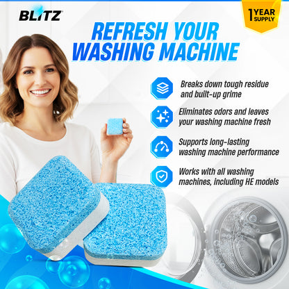 GOBLITZCLEAN BLITZ washing machine cleaner and descaler bottle shown with label and cleaning instructions.