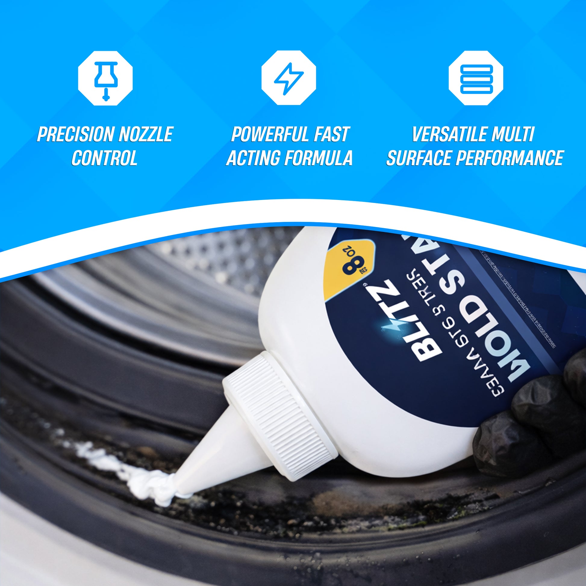 GOBLITZCLEAN BLITZ Mold Stain Remover bottle for appliance cleaning, with label showing product details and cleaning instructions.