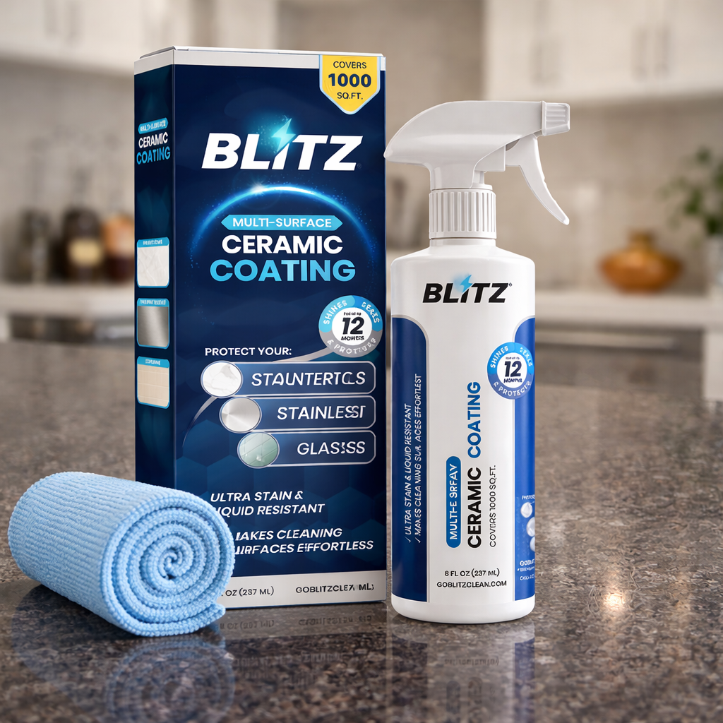 GOBLITZCLEAN BLITZ Home Ceramic Coating Spray Kit for appliances cleaning, featuring spray bottles and cleaning accessories.