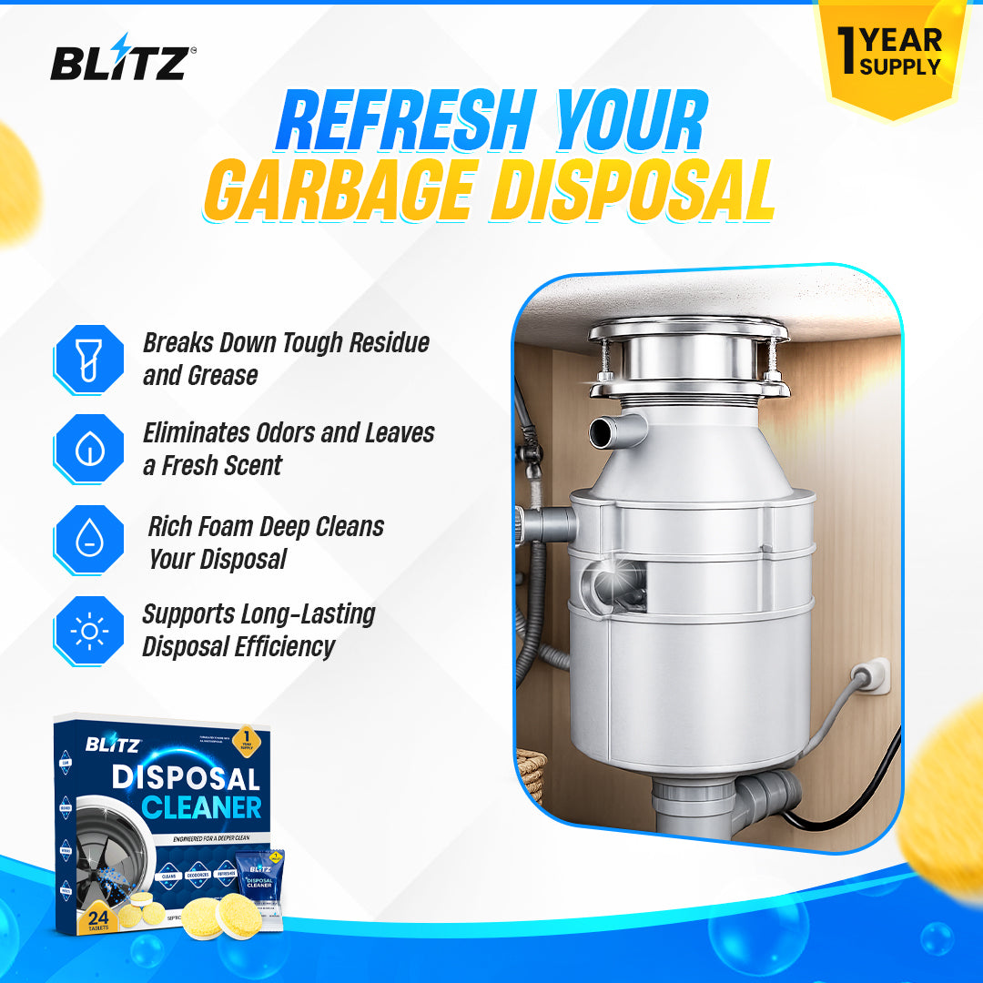 GOBLITZCLEAN BLITZ disposal cleaner and deodorizer bottle with label, designed for freshening and cleaning kitchen garbage disposals.