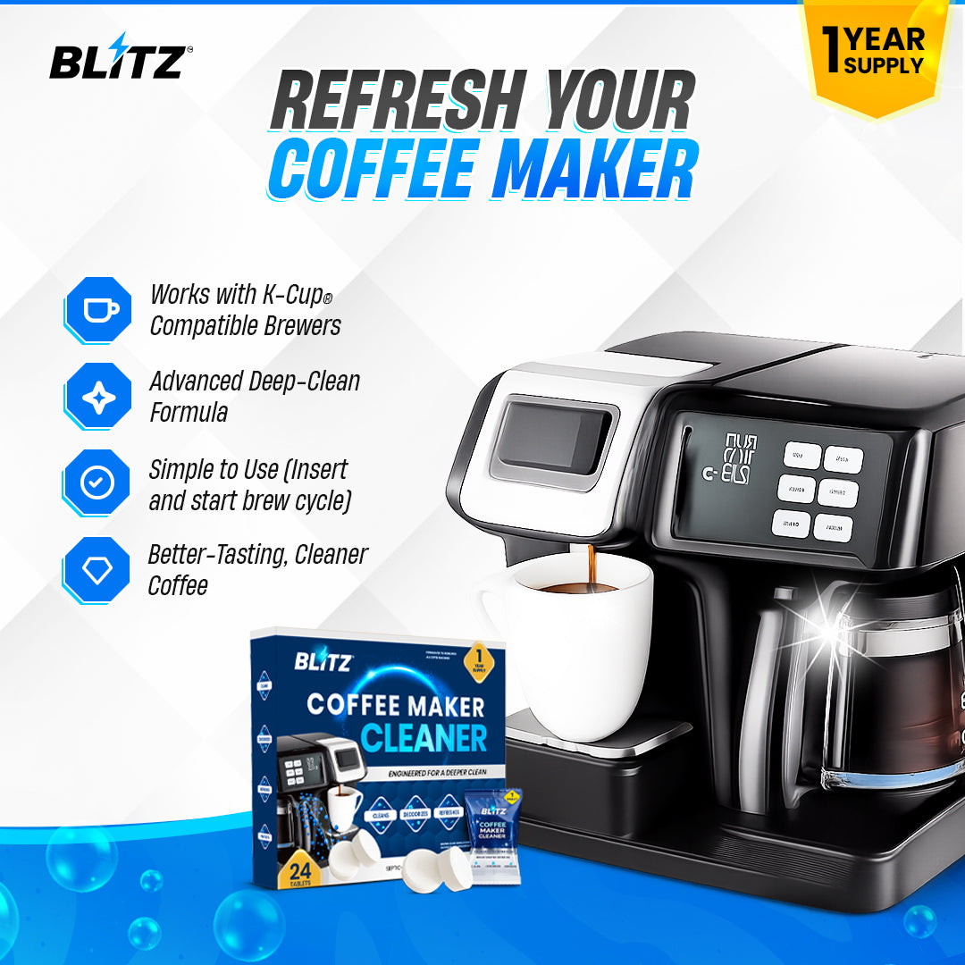 GOBLITZCLEAN BLITZ coffee maker cleaner tablets for appliances, showing a container of cleaning tablets on a kitchen countertop.