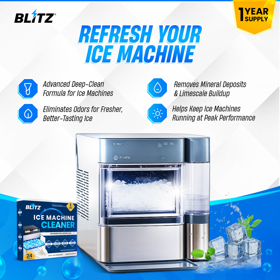 GOBLITZCLEAN BLITZ Ice Machine Cleaner being used to clean an ice maker appliance with visible cleaning equipment.