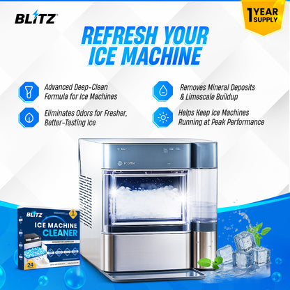 GOBLITZCLEAN BLITZ Ice Machine Cleaner being used to clean an ice maker appliance with visible cleaning equipment.