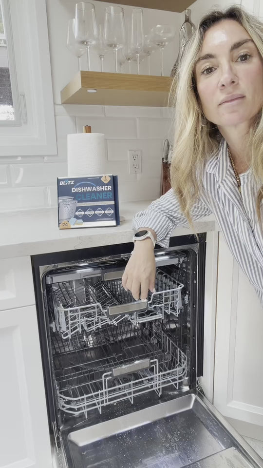 Showing BLITZ Dishwasher Cleaner and a clean dishwasher