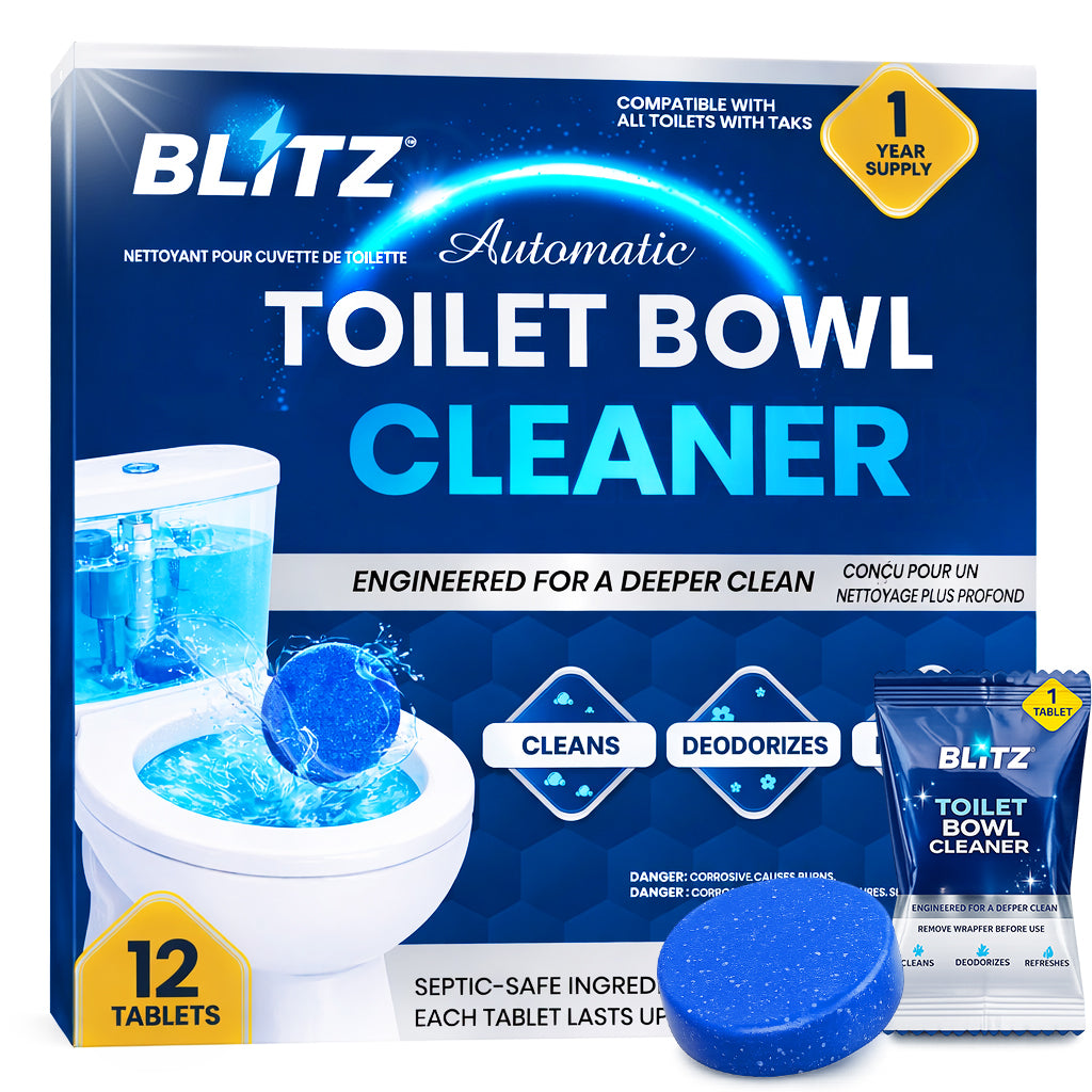 GOBLITZCLEAN BLITZ automatic toilet bowl cleaner attached inside a clean white toilet bowl, showing its sleek design.